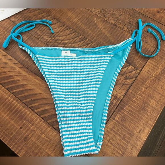 NWT Aerie Crinkle Stripe Cheekiest Tie Bikini Bottom in Barbados Blue + White - Picture 3 of 5
